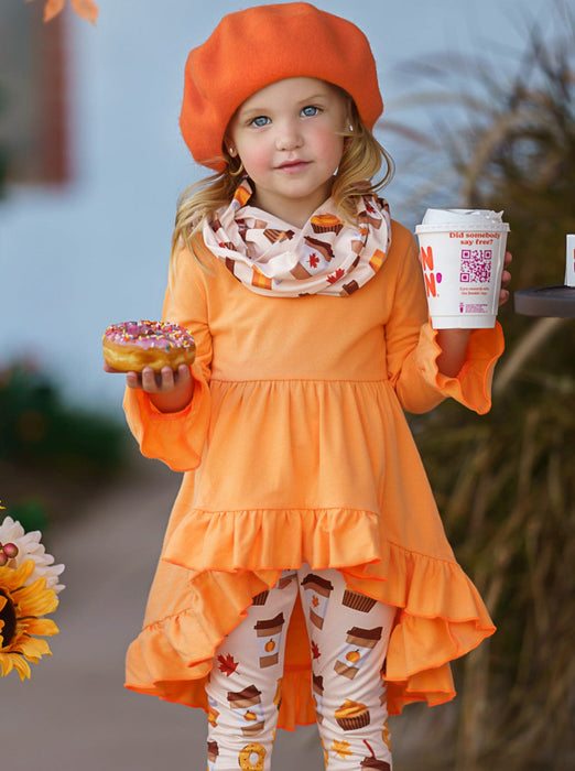 Mia Belle Girls But First, Pumpkin Sweets Tunic, Legging and Scarf Set