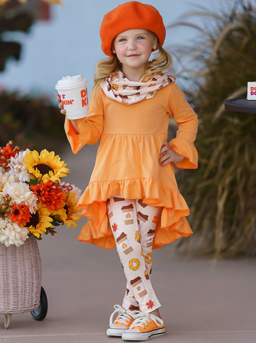 Mia Belle Girls But First, Pumpkin Sweets Tunic, Legging and Scarf Set