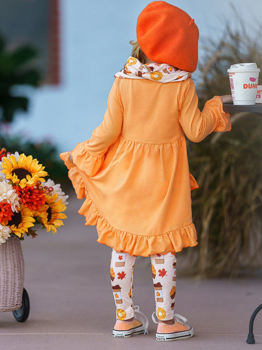 Mia Belle Girls But First, Pumpkin Sweets Tunic, Legging and Scarf Set