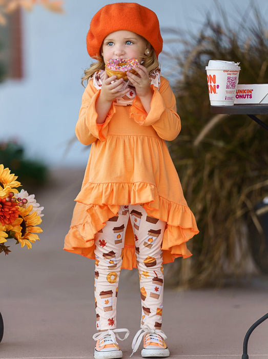 Mia Belle Girls But First, Pumpkin Sweets Tunic, Legging and Scarf Set