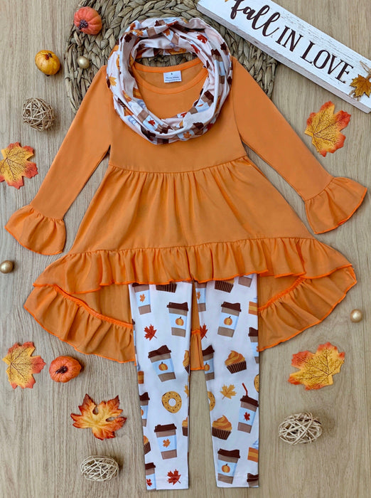 Mia Belle Girls But First, Pumpkin Sweets Tunic, Legging and Scarf Set