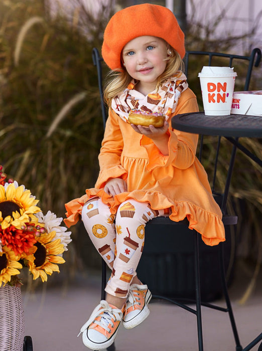 Mia Belle Girls But First, Pumpkin Sweets Tunic, Legging and Scarf Set