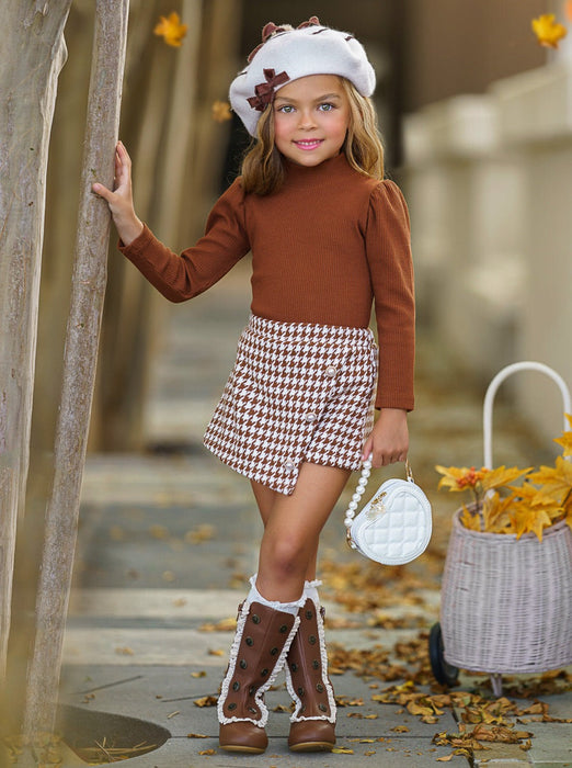 Mia Belle Girls OOTD-Ready Brown Turtleneck Top and Houndstooth Skort Set