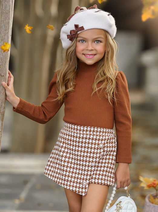 Mia Belle Girls OOTD-Ready Brown Turtleneck Top and Houndstooth Skort Set