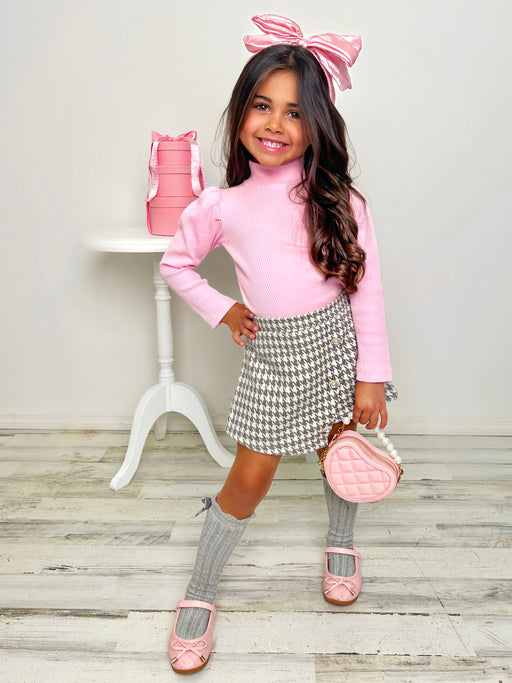 Mia Belle Girls OOTD-Ready Pink Turtleneck Top and Houndstooth Skort Set