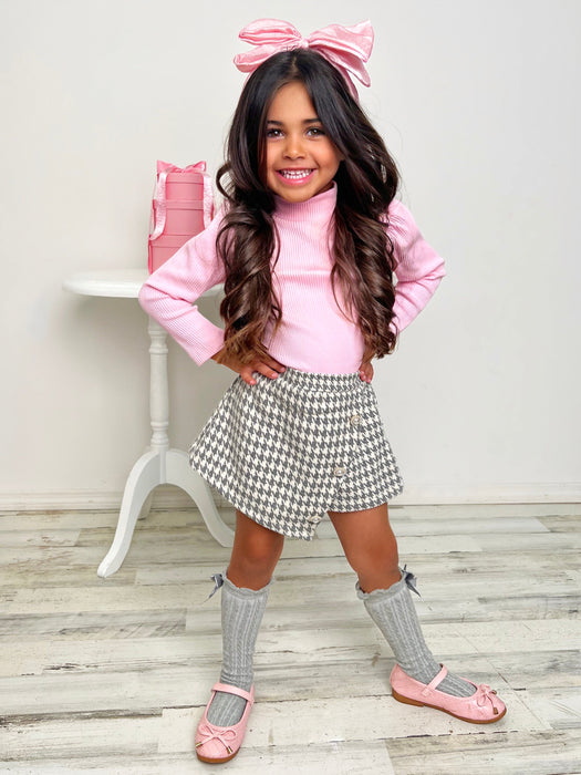 Mia Belle Girls OOTD-Ready Pink Turtleneck Top and Houndstooth Skort Set