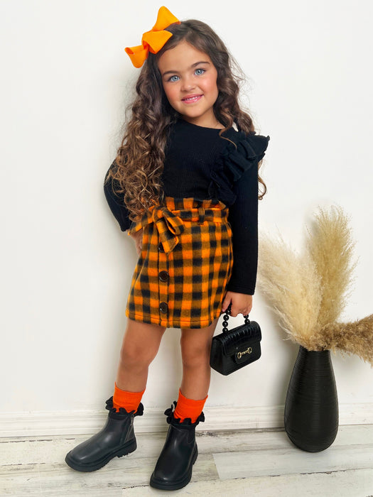 Mia Belle Girls Feels Like Fall Ruffled Top and Checkered Skirt Set