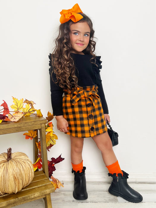 Mia Belle Girls Feels Like Fall Ruffled Top and Checkered Skirt Set