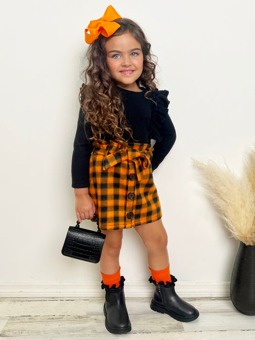 Mia Belle Girls Feels Like Fall Ruffled Top and Checkered Skirt Set