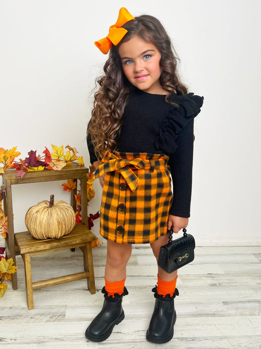 Mia Belle Girls Feels Like Fall Ruffled Top and Checkered Skirt Set