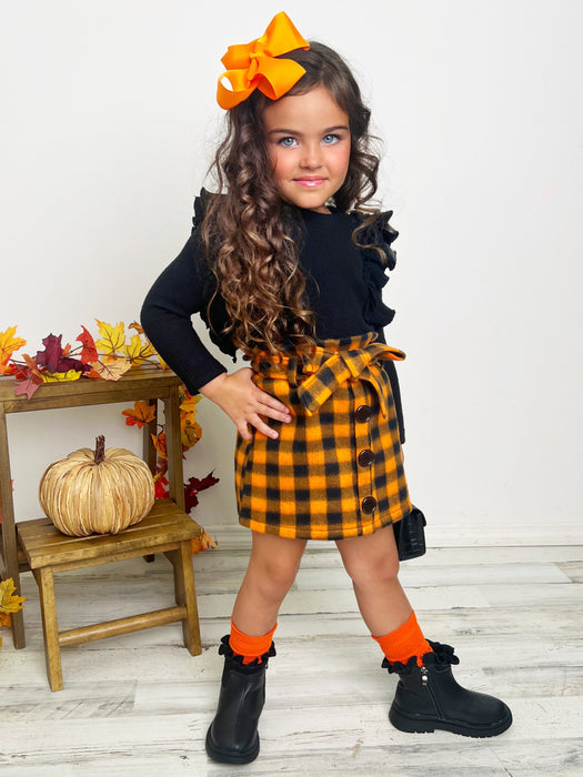 Mia Belle Girls Feels Like Fall Ruffled Top and Checkered Skirt Set