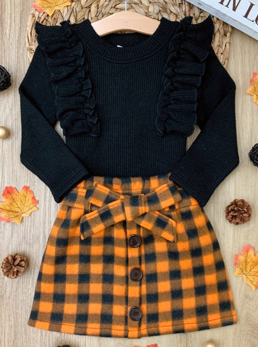 Mia Belle Girls Feels Like Fall Ruffled Top and Checkered Skirt Set