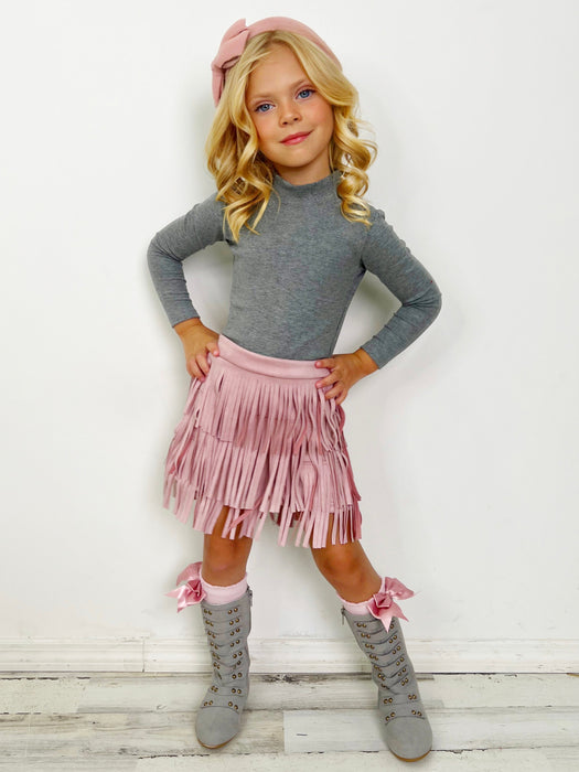 Mia Belle Girls Boho Glam Pink Fringe Suede Shorts Set