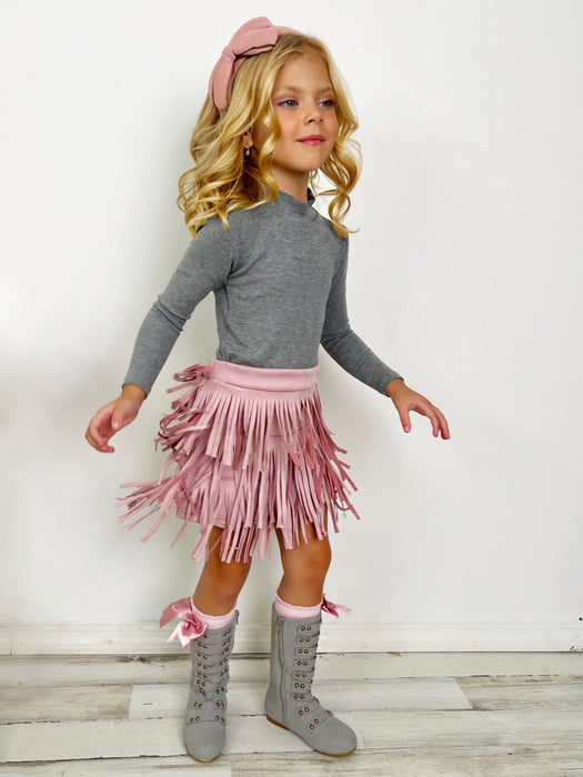 Mia Belle Girls Boho Glam Pink Fringe Suede Shorts Set