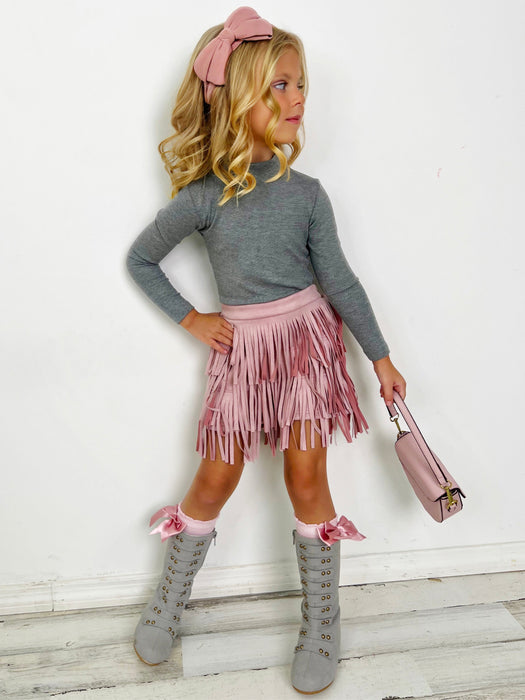 Mia Belle Girls Boho Glam Pink Fringe Suede Shorts Set