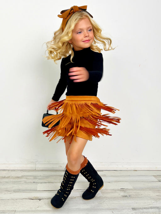 Mia Belle Girls Boho Glam Rib Knit Top and Tan Fringe Suede Shorts