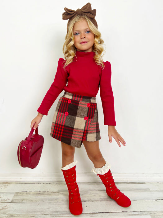 Mia Belle Girls Picture Perfect Turtleneck Knit Sweater and Checkered Skort Set