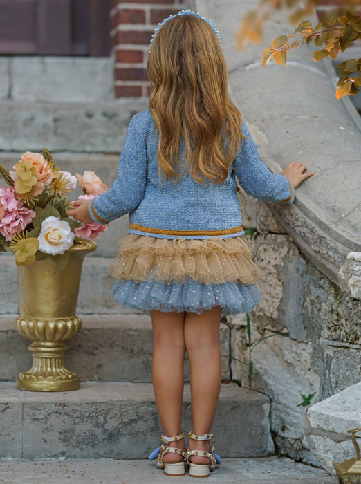 Mia Belle Girls Hello Darling Blue Tweed Jacket And Tulle Skirt