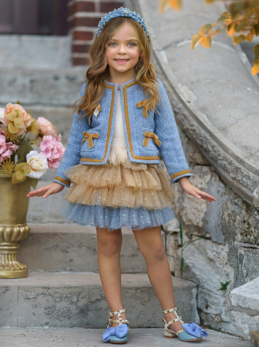 Mia Belle Girls Hello Darling Blue Tweed Jacket And Tulle Skirt