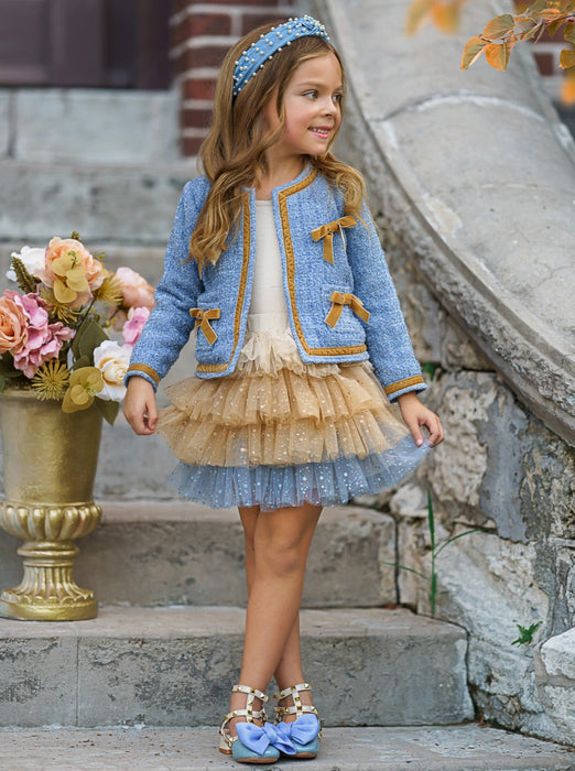 Mia Belle Girls Hello Darling Blue Tweed Jacket And Tulle Skirt