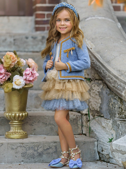 Mia Belle Girls Hello Darling Blue Tweed Jacket And Tulle Skirt