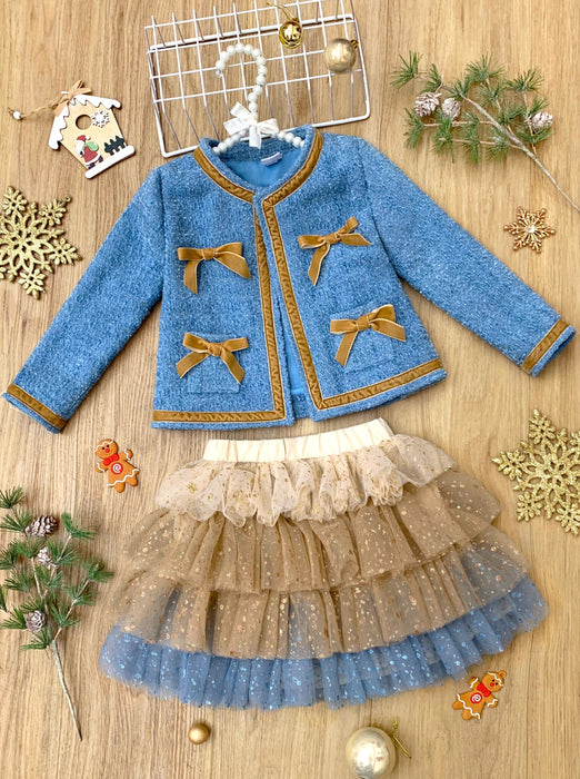 Mia Belle Girls Hello Darling Blue Tweed Jacket And Tulle Skirt