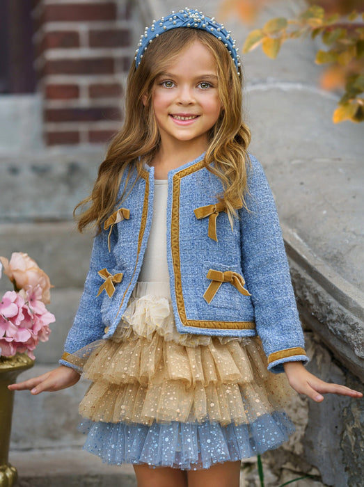 Mia Belle Girls Hello Darling Blue Tweed Jacket And Tulle Skirt