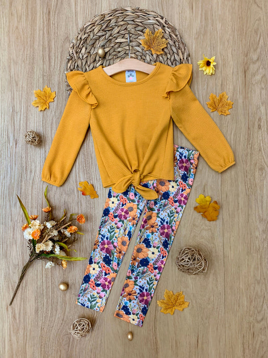 Mia Belle Girls Marigold Ruffle Tie Top and Floral Legging Set