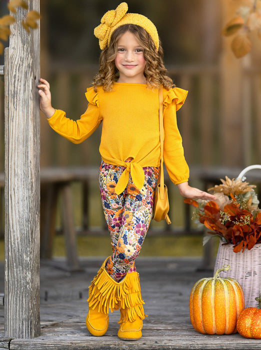 Mia Belle Girls Marigold Ruffle Tie Top and Floral Legging Set