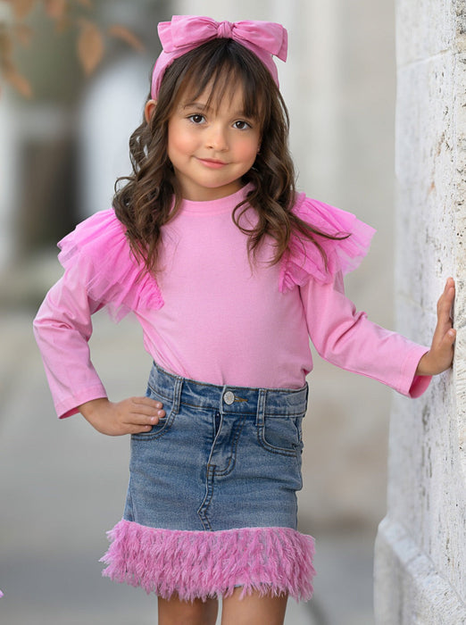 Mia Belle Girls Pink Ruffle Top and Feather Trim Denim Skirt Set