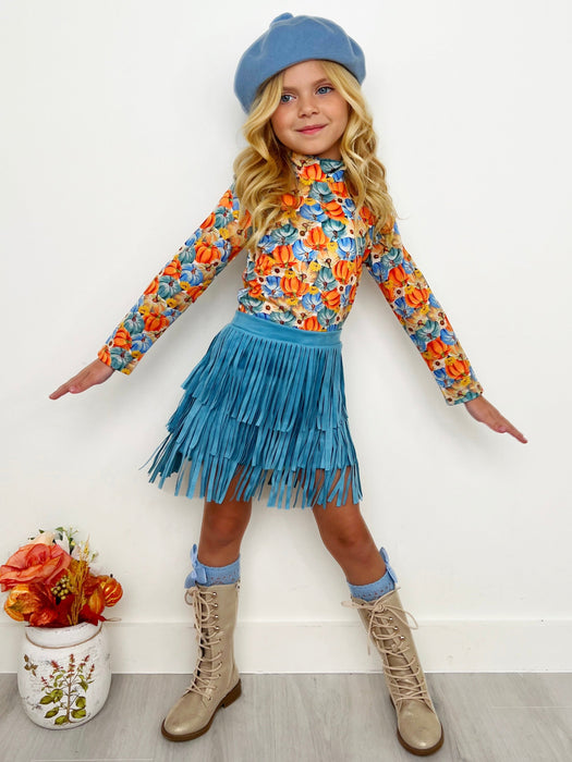 Mia Belle Girls Pumpkin Patch Turtleneck Top and Fringe Skort Set