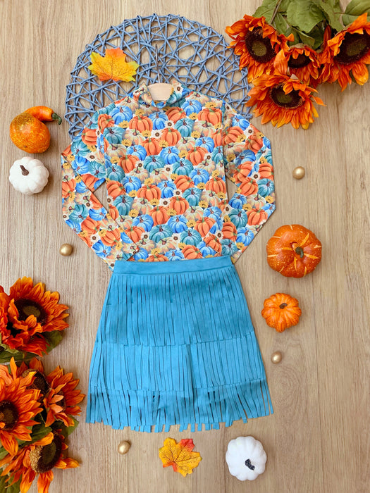 Mia Belle Girls Pumpkin Patch Turtleneck Top and Fringe Skort Set