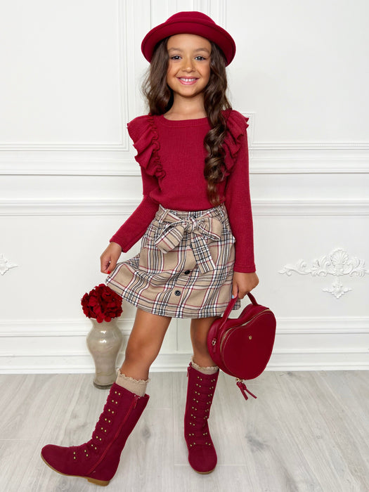 Mia Belle Girls Autumn Chic Girls Ruffled Top and Brushed Fleece Skirt Set