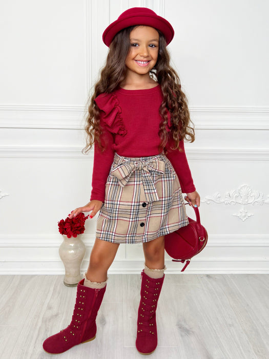 Mia Belle Girls Autumn Chic Girls Ruffled Top and Brushed Fleece Skirt Set