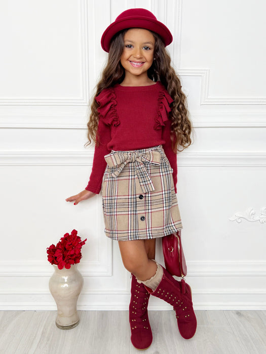 Mia Belle Girls Autumn Chic Girls Ruffled Top and Brushed Fleece Skirt Set