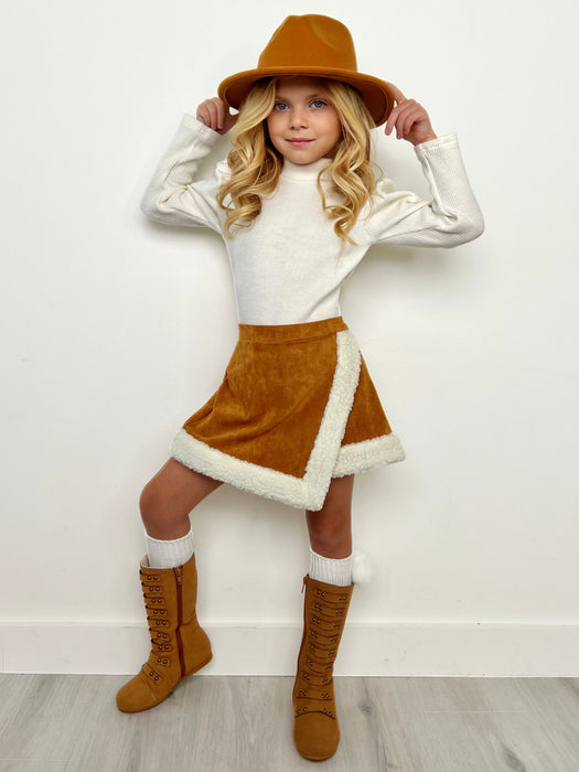 Mia Belle Girls Ivory Turtleneck Top and Camel Fur Trimmed Skort Set