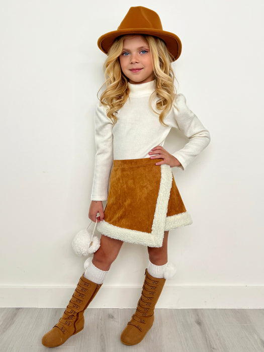 Mia Belle Girls Ivory Turtleneck Top and Camel Fur Trimmed Skort Set