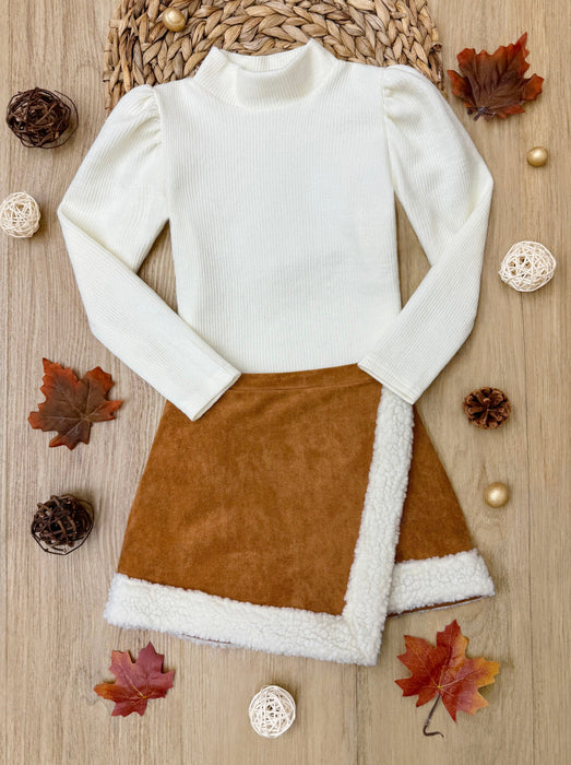 Mia Belle Girls Ivory Turtleneck Top and Camel Fur Trimmed Skort Set