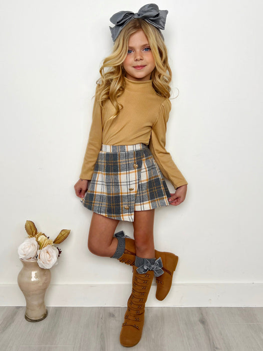 Mia Belle Girls Beige Turtleneck Top and Plaid Skort Set