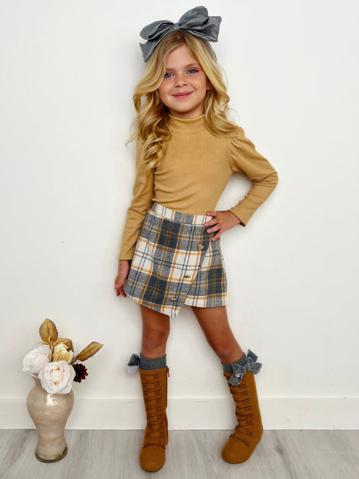 Mia Belle Girls Beige Turtleneck Top and Plaid Skort Set