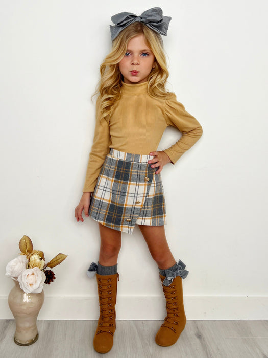 Mia Belle Girls Beige Turtleneck Top and Plaid Skort Set