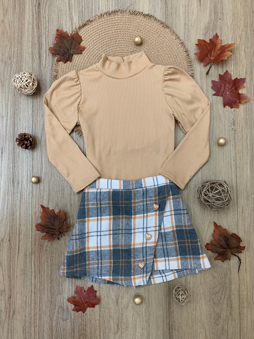 Mia Belle Girls Beige Turtleneck Top and Plaid Skort Set