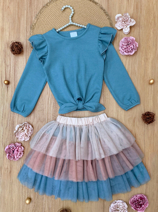 Mia Belle Girls Blue Ruffle Top and Layered Tutu Skirt Set