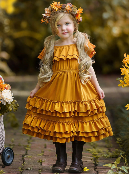 Mia Belle Girls Marigold Sunset Tiered Ruffle Midi Dress