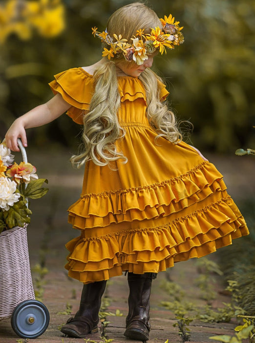Mia Belle Girls Marigold Sunset Tiered Ruffle Midi Dress