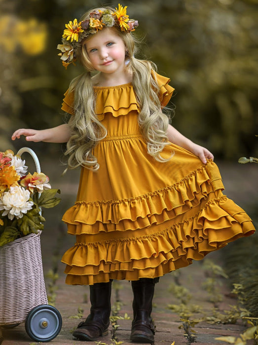 Mia Belle Girls Marigold Sunset Tiered Ruffle Midi Dress