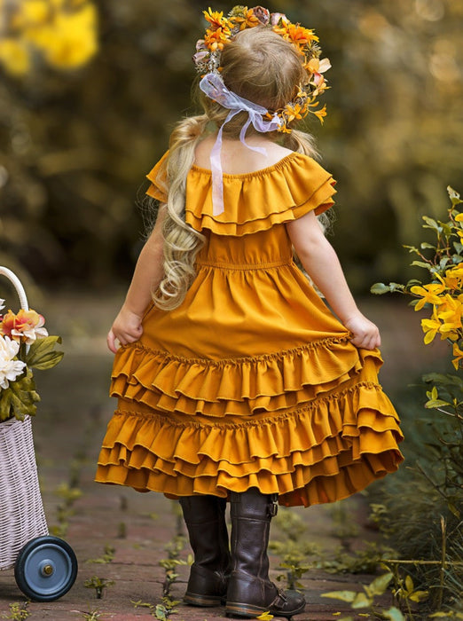 Mia Belle Girls Marigold Sunset Tiered Ruffle Midi Dress