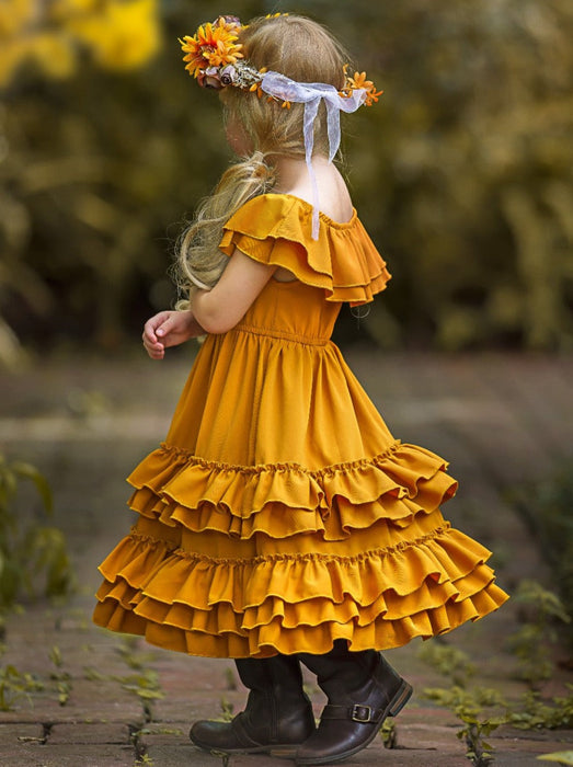 Mia Belle Girls Marigold Sunset Tiered Ruffle Midi Dress