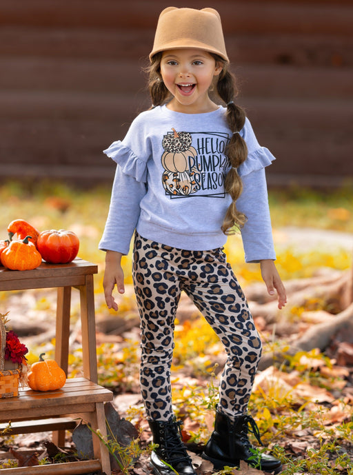 Mia Belle Girls Hello Pumpkin Season Pullover and Leopard Legging Set