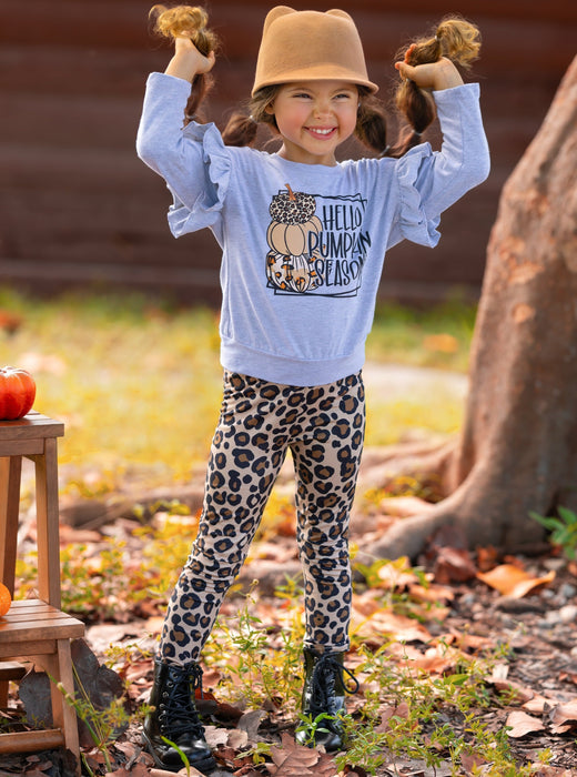 Mia Belle Girls Hello Pumpkin Season Pullover and Leopard Legging Set